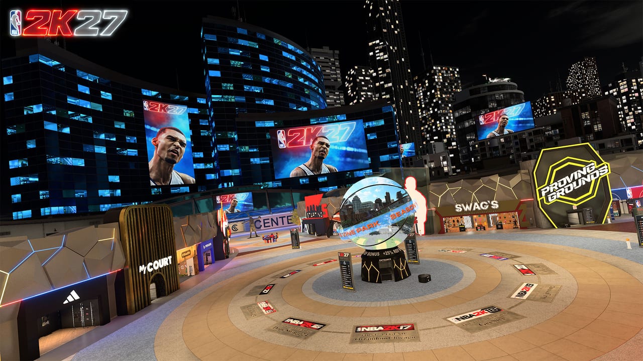 NBA 2K27 The City at night with neon courts and connected outdoor hubs